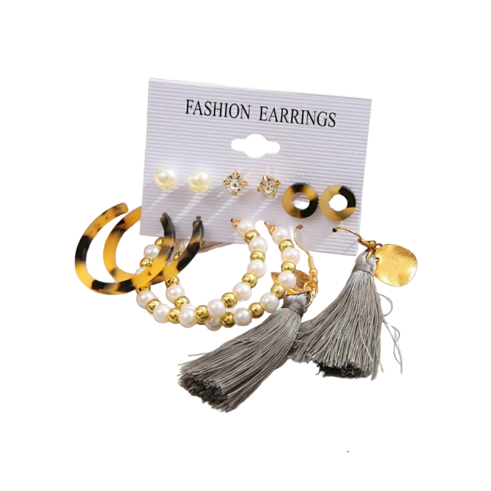 Acetate Faux Pearl Earrings 6 pair Studs Hoops and Tassel Fringe